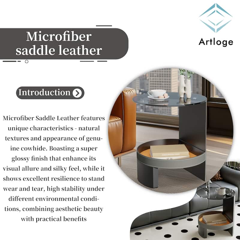 ARTLOGE 2-Tier Glass End Table Distinctive End Table with Tempered Glass-top Saddle Leather Shelf Accent Table for Bedroom