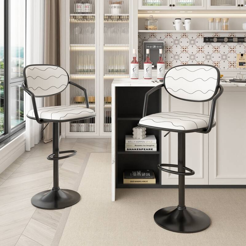 Swivel Bar Stool Set PU Leather Barstools Height Adjustable Counter Stools Bar Chairs For Home Bar Kitchen Dining Room - Set of 2 - White