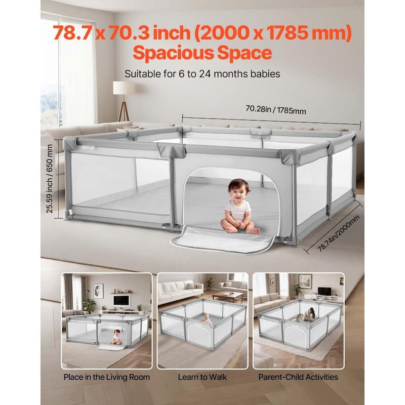 Extra Large Grey Baby Playpen for Toddlers 6-24 Months with Safety Mesh and Iron Frame - 81.1 x 72.44 x 25.59 inch