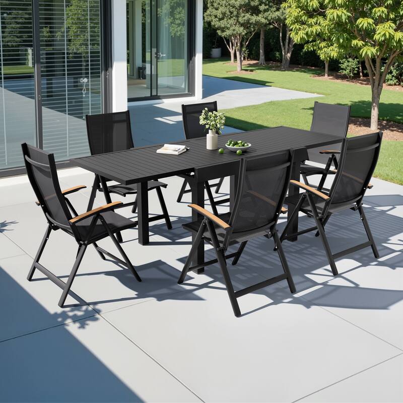 VredHom 7PC Outdoor Patio Aluminum Expandable Rectangle Dining Set Table with Folding Chairs