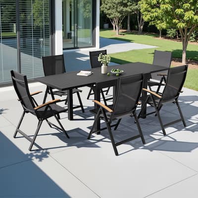 VredHom 7PC Outdoor Patio Aluminum Expandable Rectangle Dining Set Table with Folding Chairs