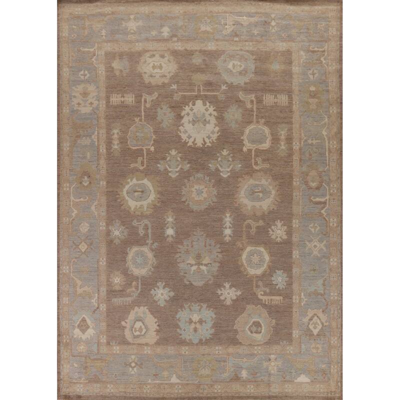 Hand Knotted Oriental 100% Wool Carpet Transitional All-Over Brown Oushak Area Rug - 11' 10'' X 9' 0''