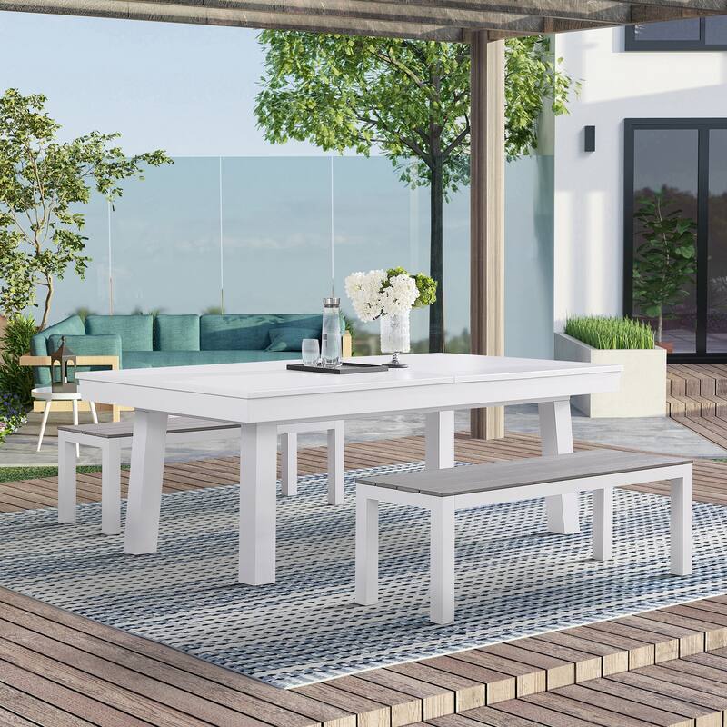 Laguna Indoor/Outdoor 7ft Slate Pool Table Dining Set with 2 Benches & Accessories, White Finish