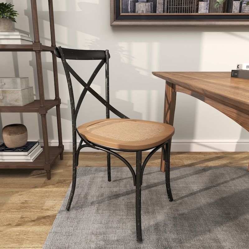 Metal Dining Chair with Brown Rattan Seat with or without Curved Details - Set of 2 Black or White - Roche River Decor