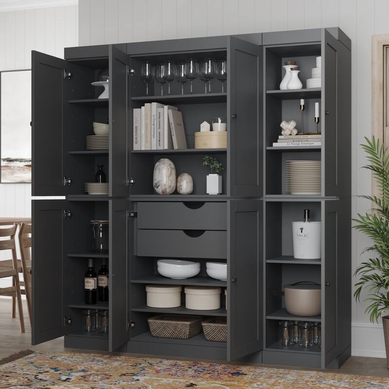 Palace Imports 100% Solid Wood 65" Pantry Cabinet with Shaker Doors, 2-Drawers and Adjustable Shelves - Gray