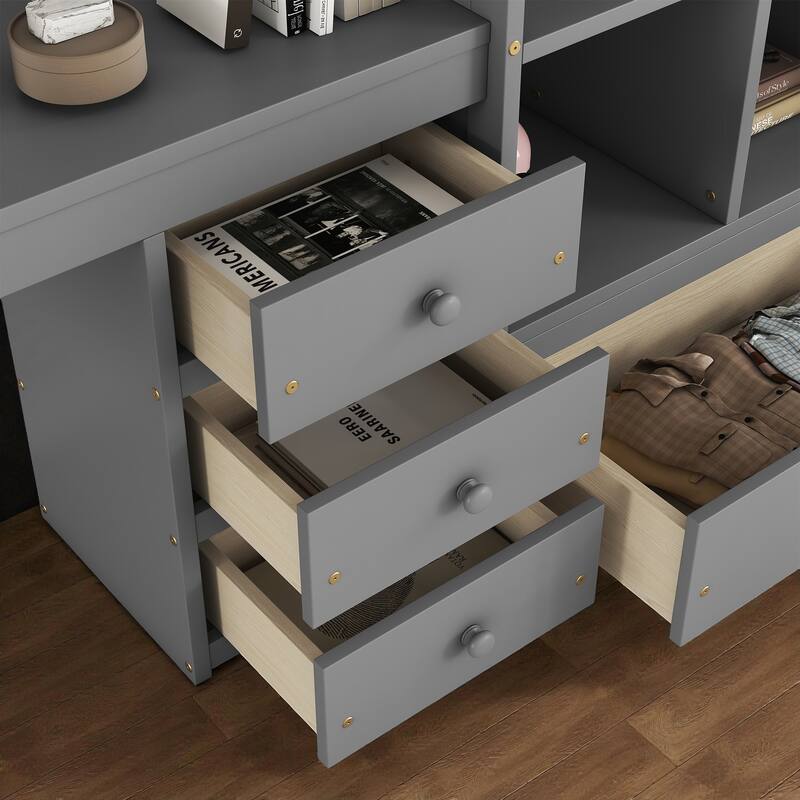 Full Size Loft Bed with Desk, Drawers and Shelves, Solid Pine Wood Frame with Built-in Ladder and Guardrails