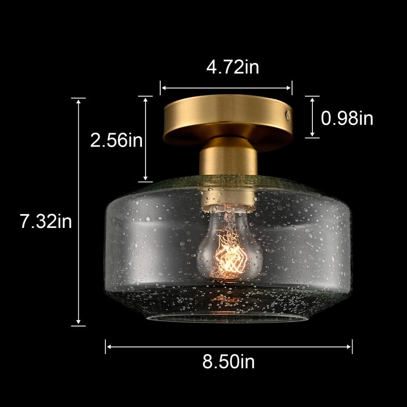 Pistoia Modern Gold Semi Flush Ceiling Light Seeded Glass Drum Shade, 1-Light