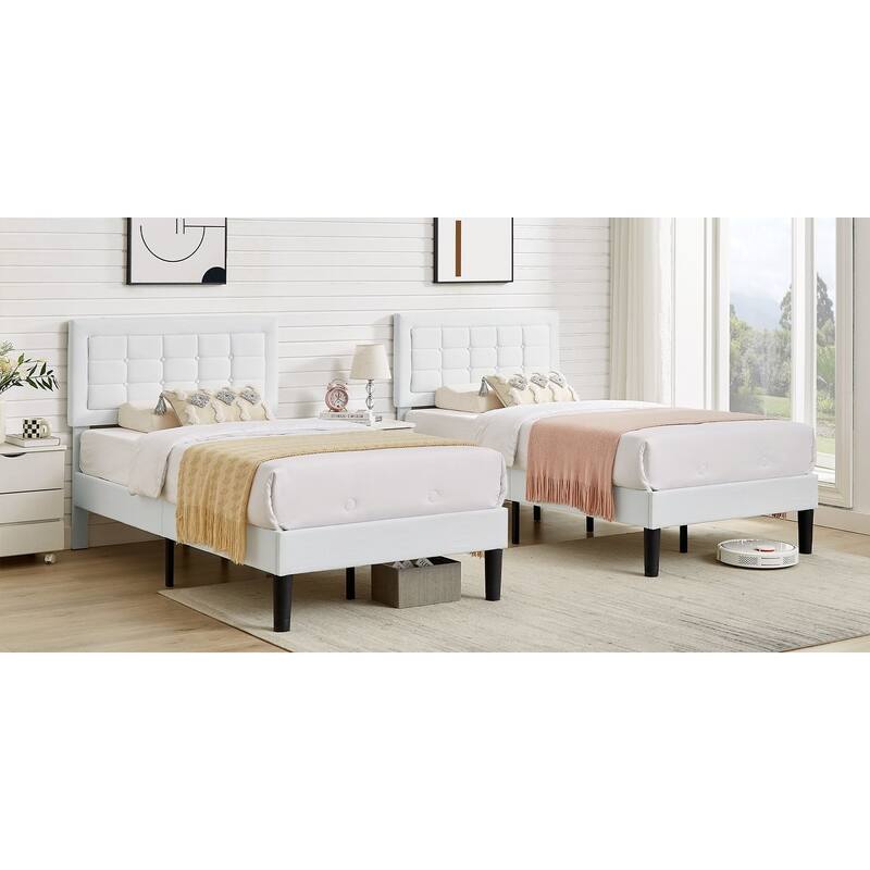 VECELO Tufted Upholstered Kids Bed with Adjustable Headboard,Twin Size Bed Set of 2 - White