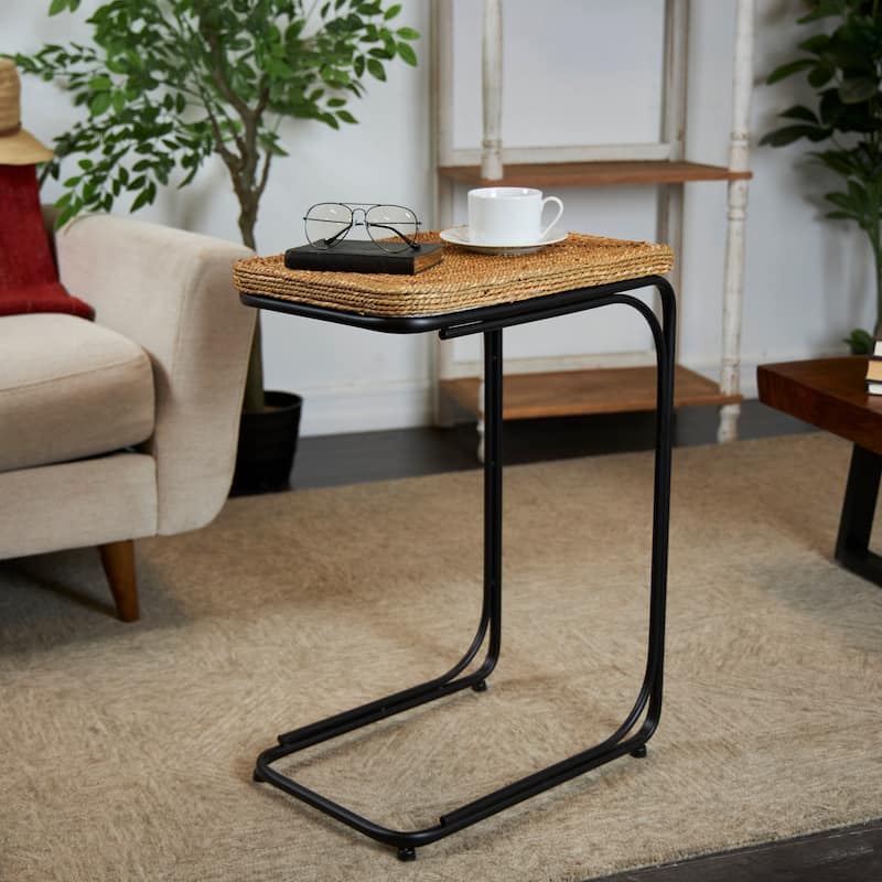 Brown Dried Plant Handmade Coiled C-Shaped Accent Table with Black Metal Legs - Brown