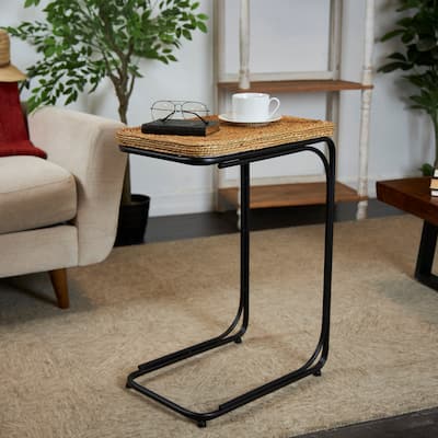 Brown Dried Plant Handmade Coiled C-Shaped Accent Table with Black Metal Legs