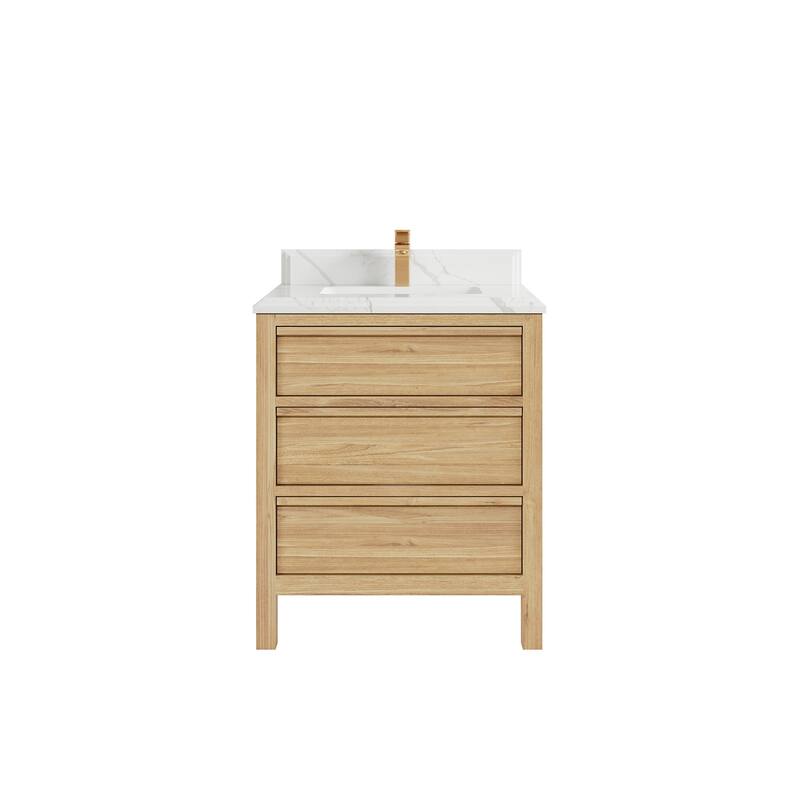 Willow Collections 30 in. W x 22 in. D Elizabeth Solid Teak Wodd Single Sink Bathroom Vanity with Countertop - 1.5" Calacatta Laza - Light Natural Teak