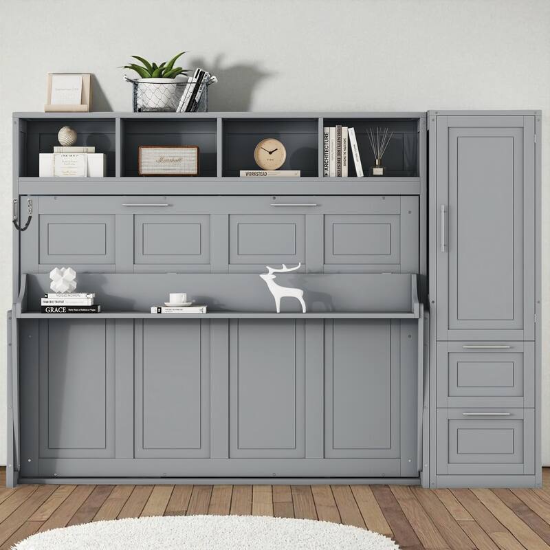 Full Size Murphy Bed with Closet and Drawers, Wall Bed with Wardrobe and Storage Shelves, Space-Saving Folding Bed