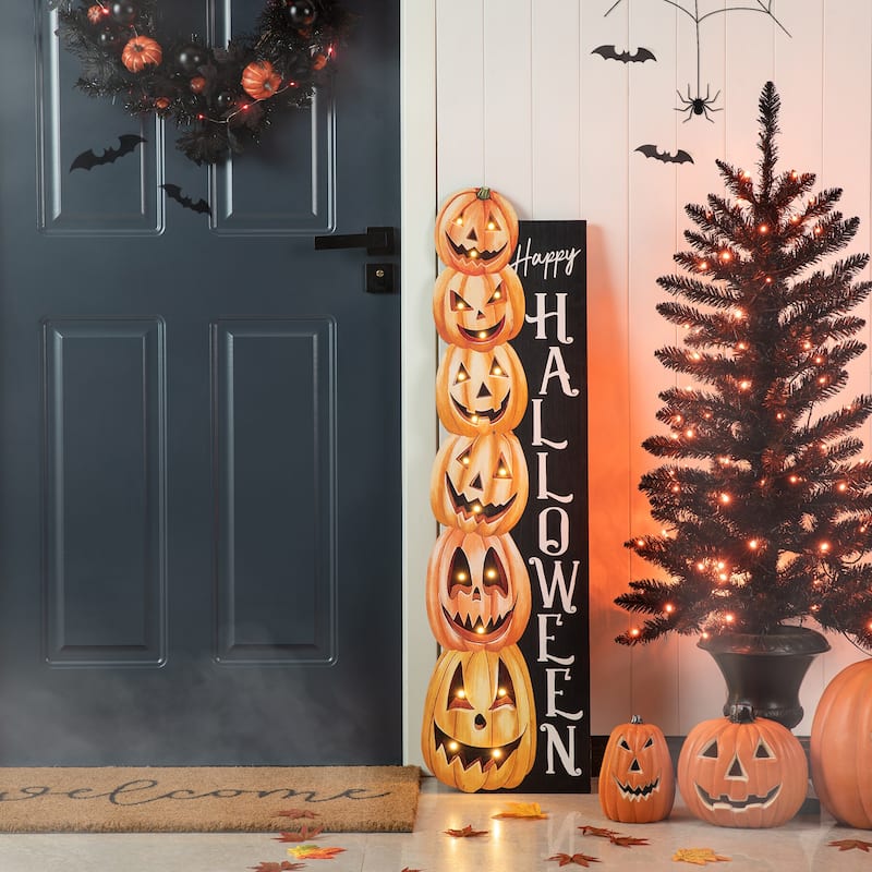 Glitzhome 42"H Lighted Halloween Wooden Pumpkins Porch Sign with Timer