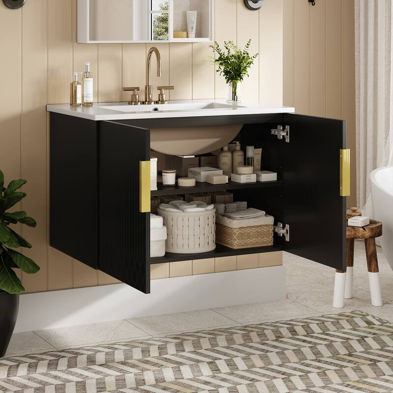 30" Wall-Mounted Style Bathroom Vanity with 3 Holes Single Ceramic Sink,2 Soft Closing Doors, Spacious and Adjustable Storage - Black