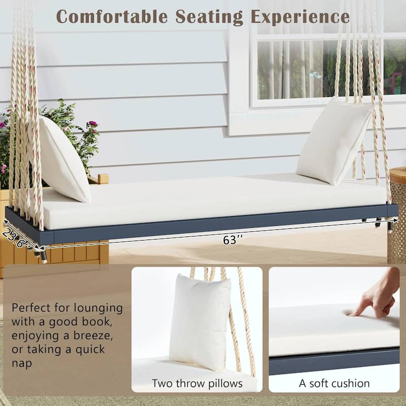 Patio Wooden Swing Chair, Hanging Porch Swing Bench with Cushion & Pillows, 10.8Ft Hemp Ropes