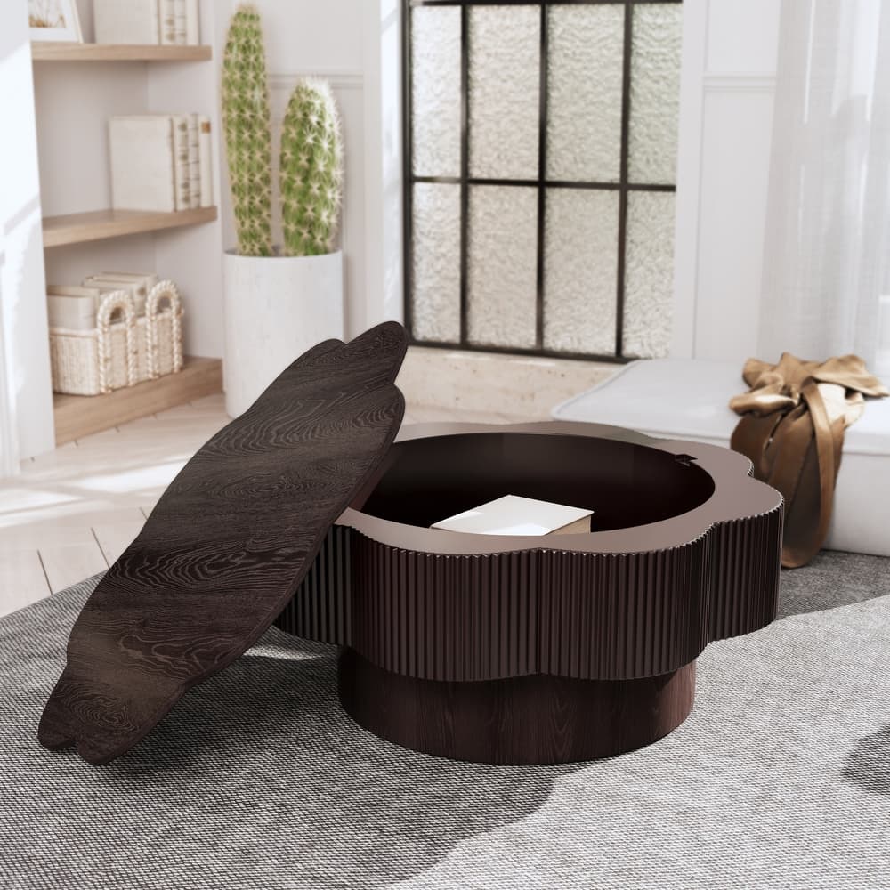 Modern Solid Wood Veneered Round/Oval/Rectangular Coffee Tea Table with Storage.