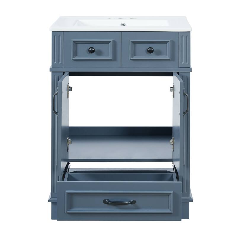 24" Bathroom Vanity with Ceramic Sink,Solid Wood Frame Bathroom Storage Cabinet with Soft Closing Doors,Retro Style