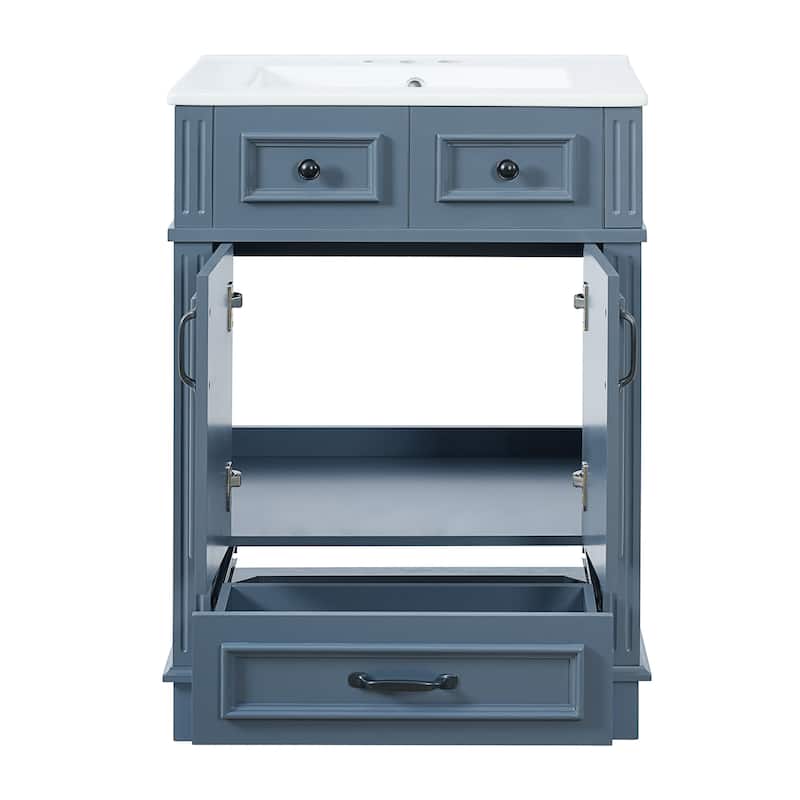 24" Retro Bathroom Vanity with Ceramic Sink & Solid Wood Frame - Soft Closing Door Storage Cabinet