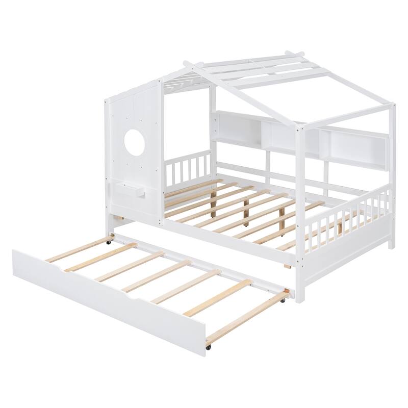Wooden House Bed With Trundle, Modern Design for Kids with Storage Shlef