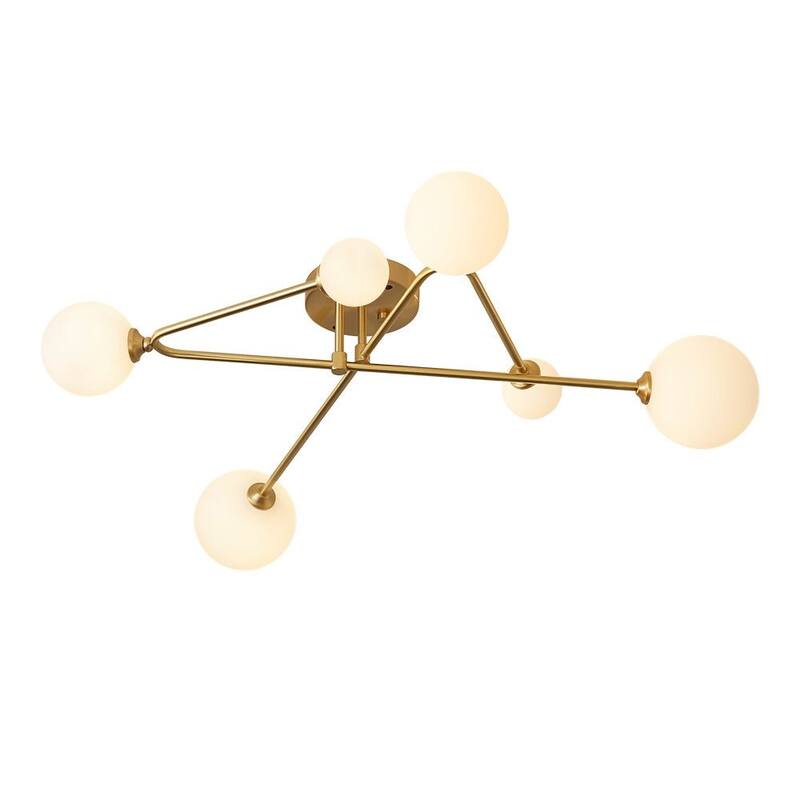 6-Light Brass Geometric Arm Opal Glass Globe Semi Flush Mount