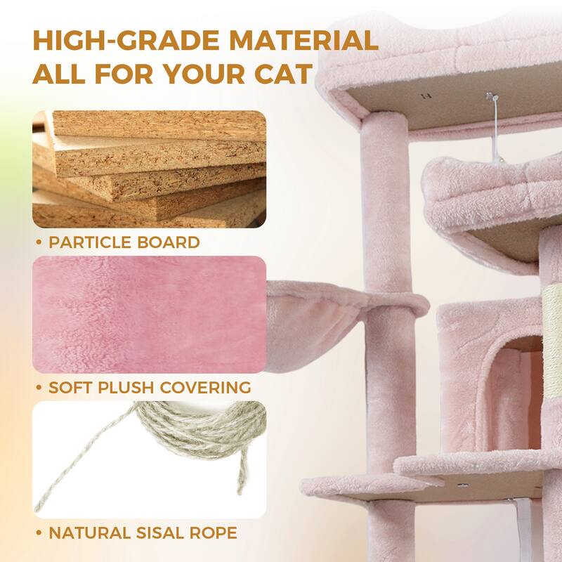 68in Tall Multi-Level Cat Tree with Hammocks, Hanging Basket, Cat Cave, Removeable Cushion, Scratching Posts