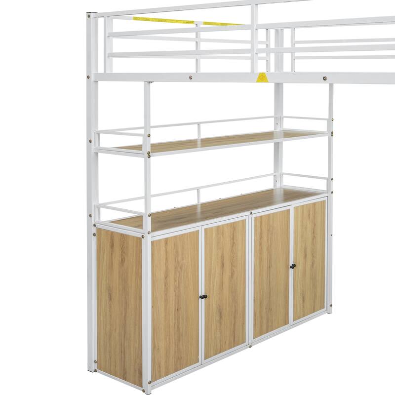 Full Size Metal Loft Bed with Storage Staircase, Wardrobe, Shelves, and Lockers in White