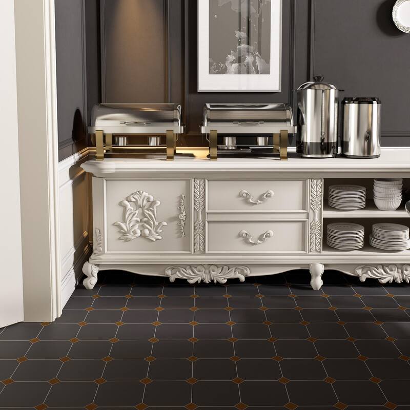 Merola Tile Vaudeville Octagon Antracita with Taco Marron 7-7/8" x 7-7/8" Porcelain Floor and Wall Tile