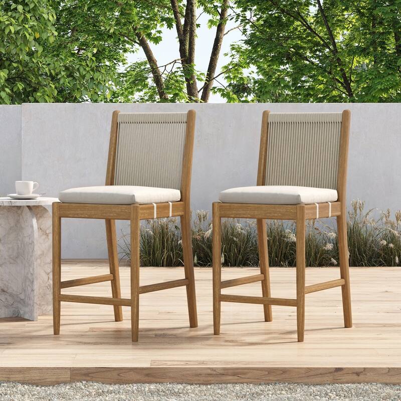 Kayden Outdoor Dining Chair or Bar Stool, Porch Chair with Solid Wood Acacia Wood Frame, Foam Cushion and Woven Rope Backrest - Counter Height Stool - Set of 2