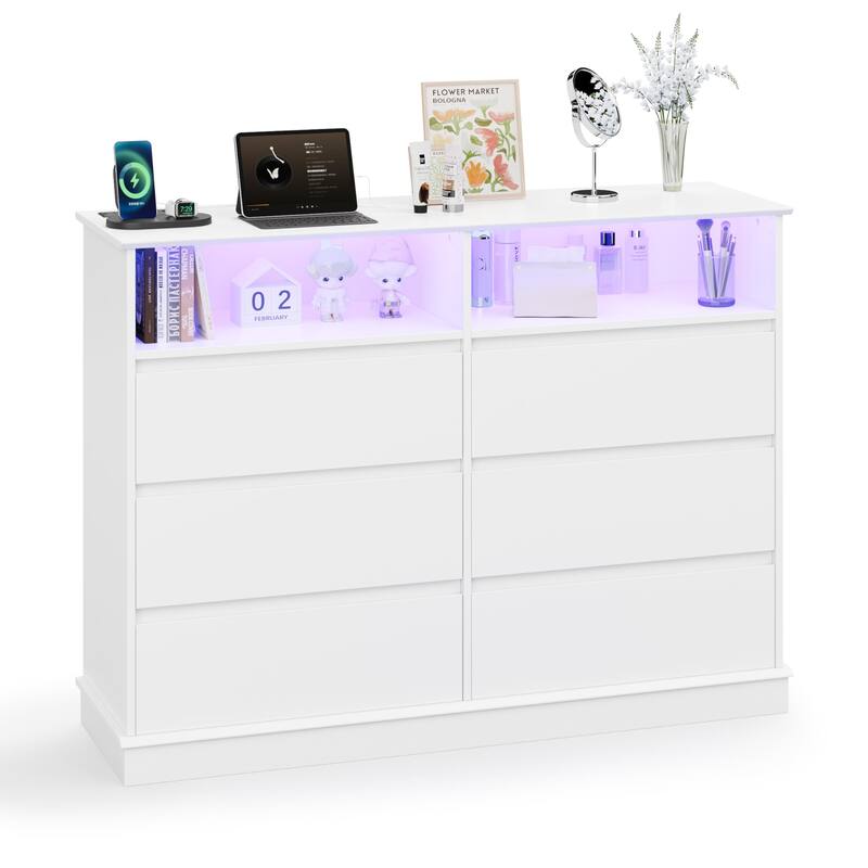 6 Drawer Dresser with LED Lights & Charging Station, Modern Chest of Drawers with Open Shelf