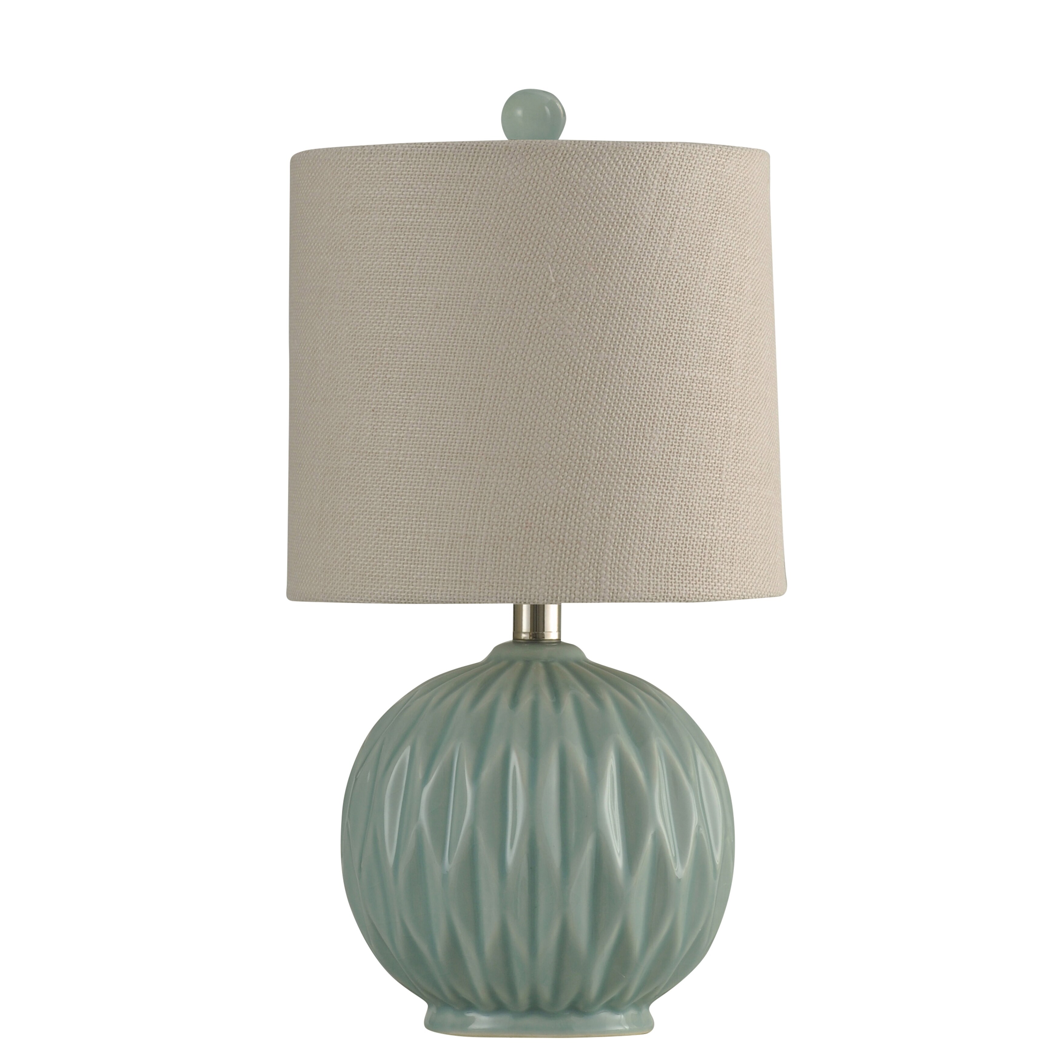 Spa Blue Round Textured Ceramic Table Lamp with Silver Post and Natural Fabric Drum Shade
