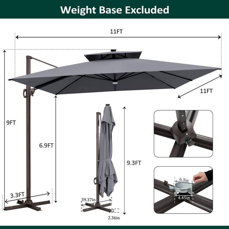 11 FT Square Outdoor Patio Cantilever Umbrella with Solar Lights Double Canopy 360 Rotation Tilt