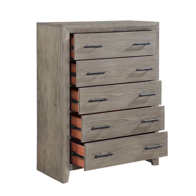 Laso Tall Dresser Chest, 5 Drawers w Metal Handles, Gray Acacia Wood