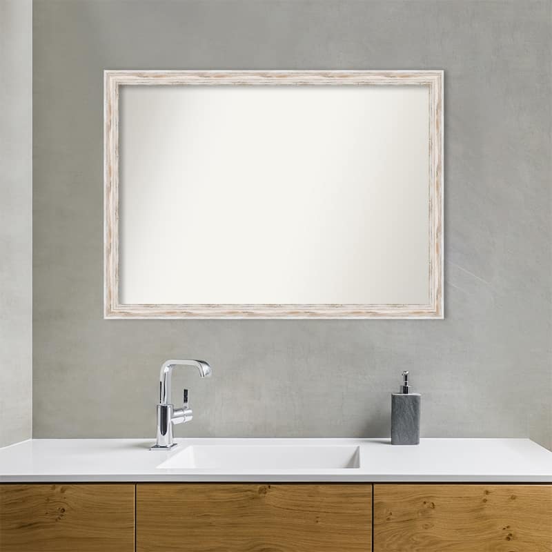 Non-Beveled Wood Bathroom Wall Mirror - Alexandria White Wash Narrow Frame - Alexandria White Wash Narrow