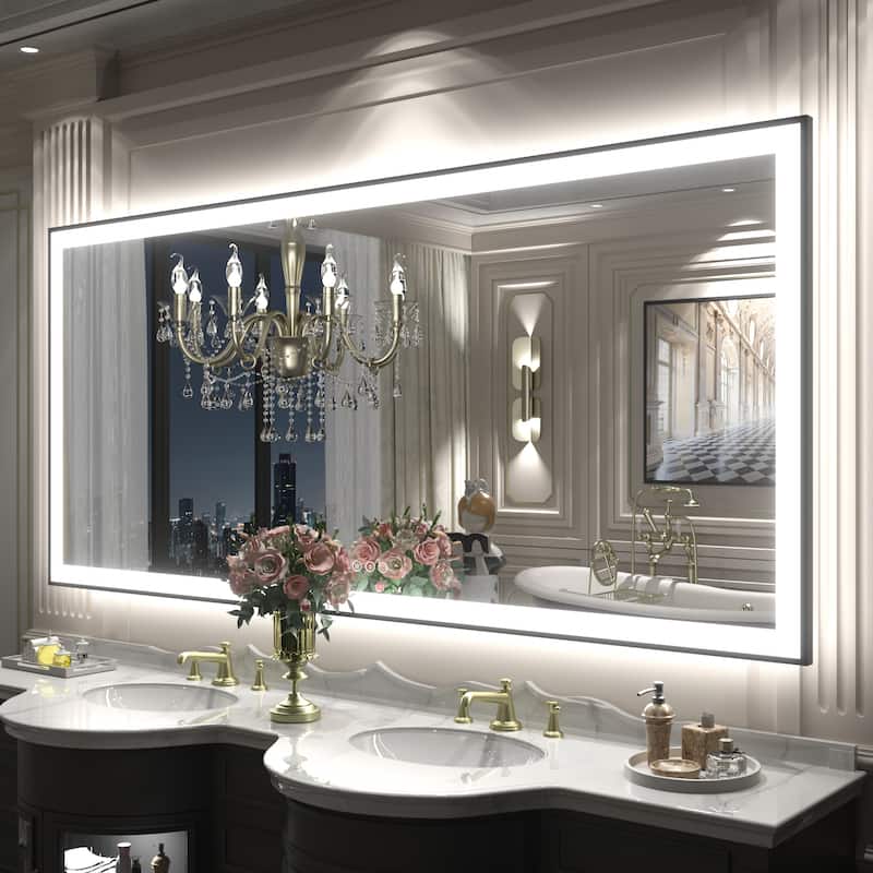 Front & Back LED Anti-Fog Tempered Glass Framed Bathroom/Vanity Mirror 3-Year Warranty - 72" x 32"-Square Corner - Black