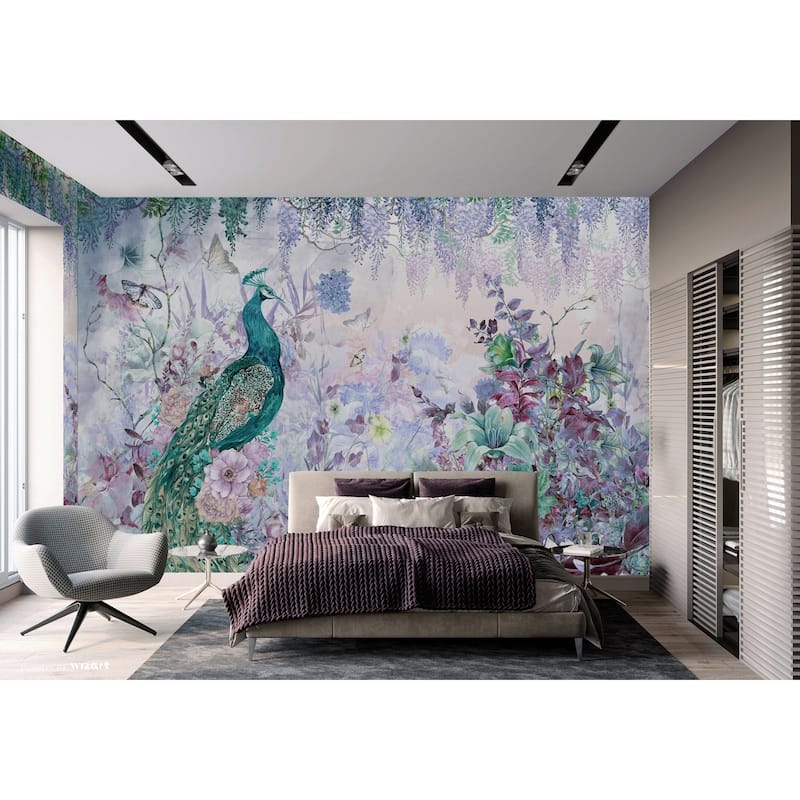 Peacock Wallpaper Mural with Floral and Wisteria Accents