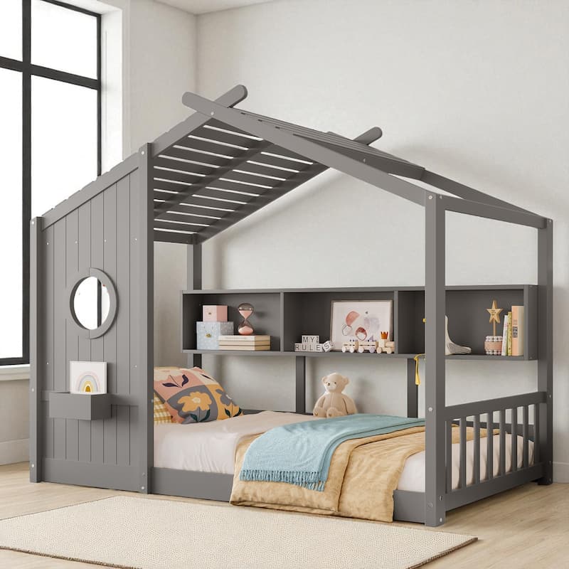 Twin/Full Montessori House Floor Bed with Roof, Storage Shelf, Low Profile Kids Bed, 6 in Mattress, 350/550 lb Capacity - Grey - Twin