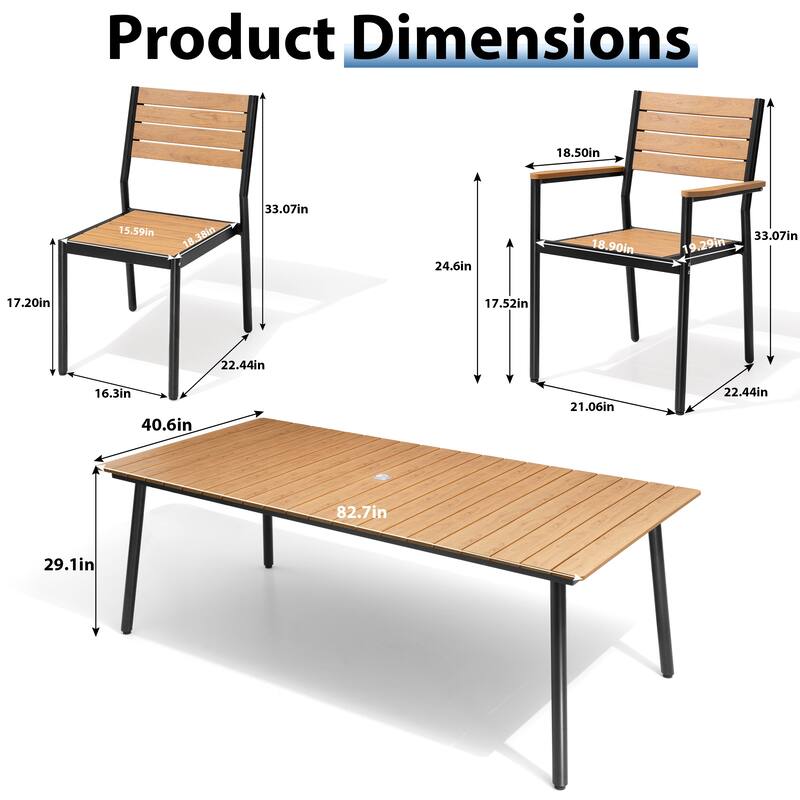 7-Piece Outdoor Patio Dining Set Wood-Like Table Top Alumium Umbrella Hole Table with Stackable Dining Chairs