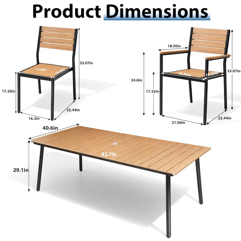 VredHom 7/9-Piece Outdoor Patio Aluminum Dining Table with Stackable Chairs Umbrella Hole