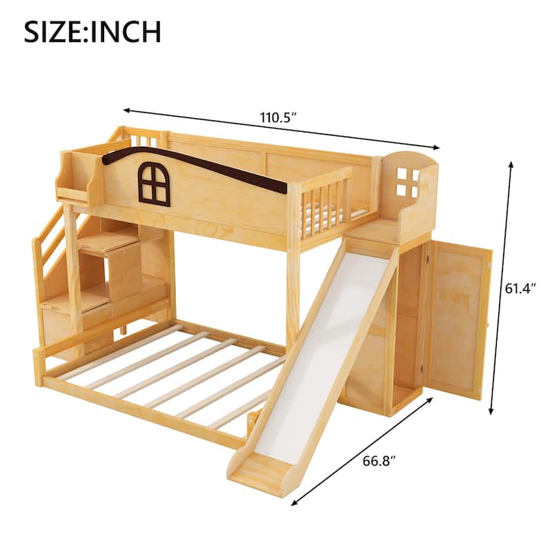 Fairytale Twin Over Full Kids Floor Bunk Bed with Slide, Storage Staircase, Shelves and Wardrobe, Wooden House Bed