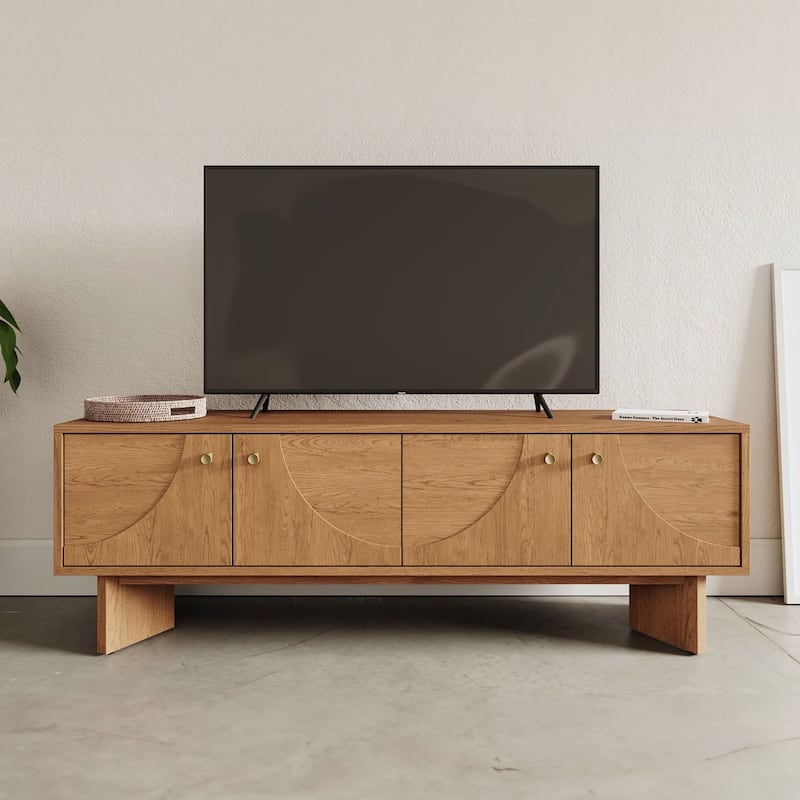 Studio London Oak Wood Zahra TV Stand for Wooden Entertainment Center - Dark Walnut, Brass