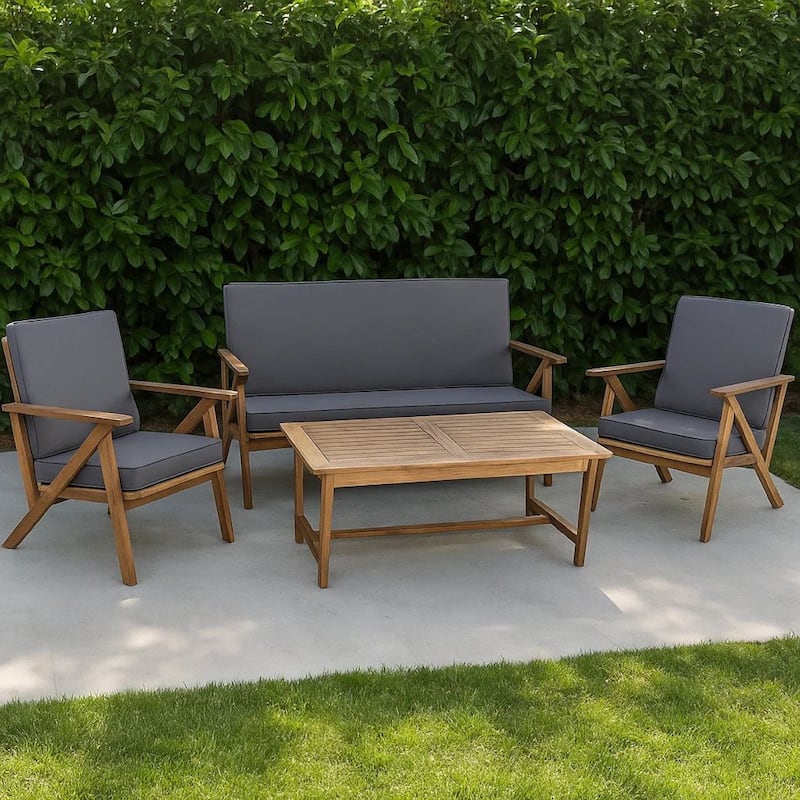 Namm 4pc Outdoor Table, Chairs, Loveseat Set, Brown Acacia Wood, Gray