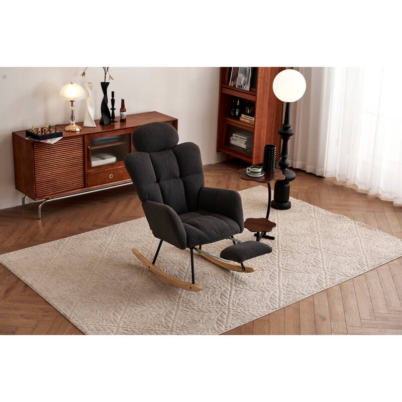 Teddy Fabric Upholstered Rocking Chair with Pillow and Footrest