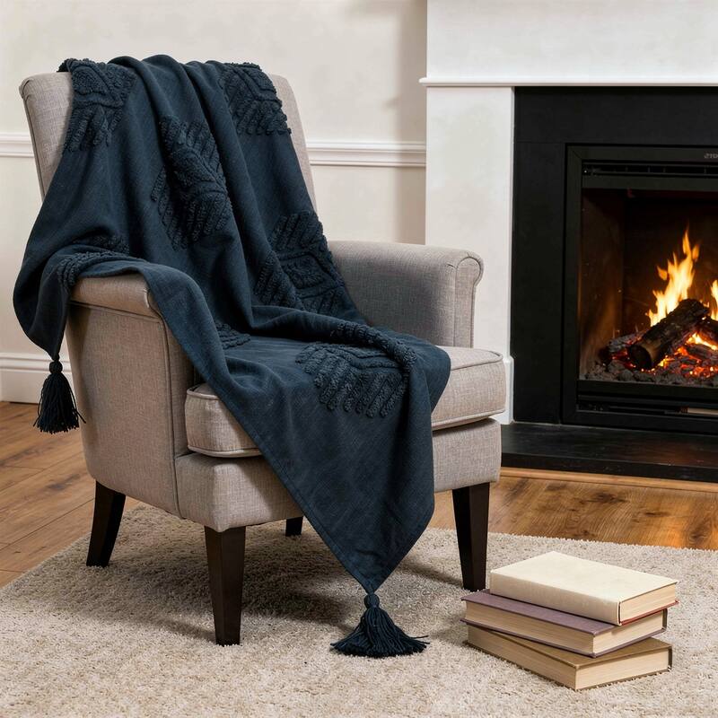 HomeRoots 50" X 60" Blue Cotton Woven Ikat Throw Blanket with Tassels - Throw - Blue