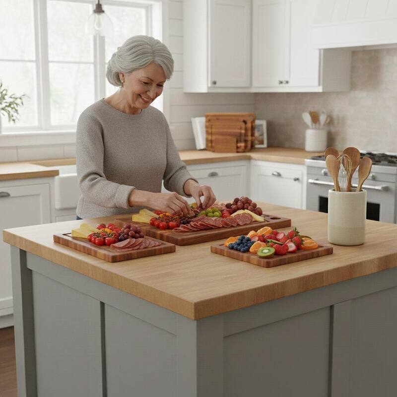 Scalop Premium Acacia Wood Cutting Board Set of 3 with Display Stand