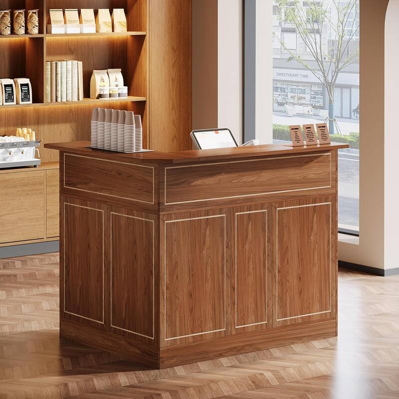 Reception Desk with Storage Shelves, L-Shaped Modern Front Desk