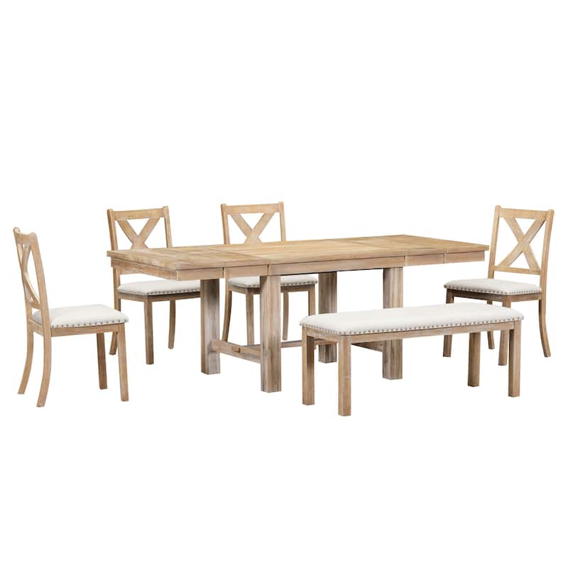 82inch 6-Piece Extendable Dining Table with Footrest,4 Upholstered Dining Chairs,1 Bench,Two 11"Removable Leaf,Beige Cushion