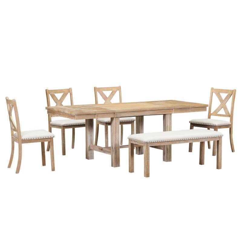 Farmhouse 6-Piece Wooden Dining Table Set with Extendable Table & 4 Chairs