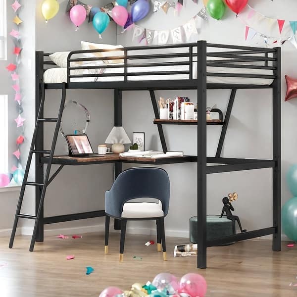 slide 2 of 26, Twin Size Loft Metal & MDF Bed with Built-in Desk and Shelf, Black Black