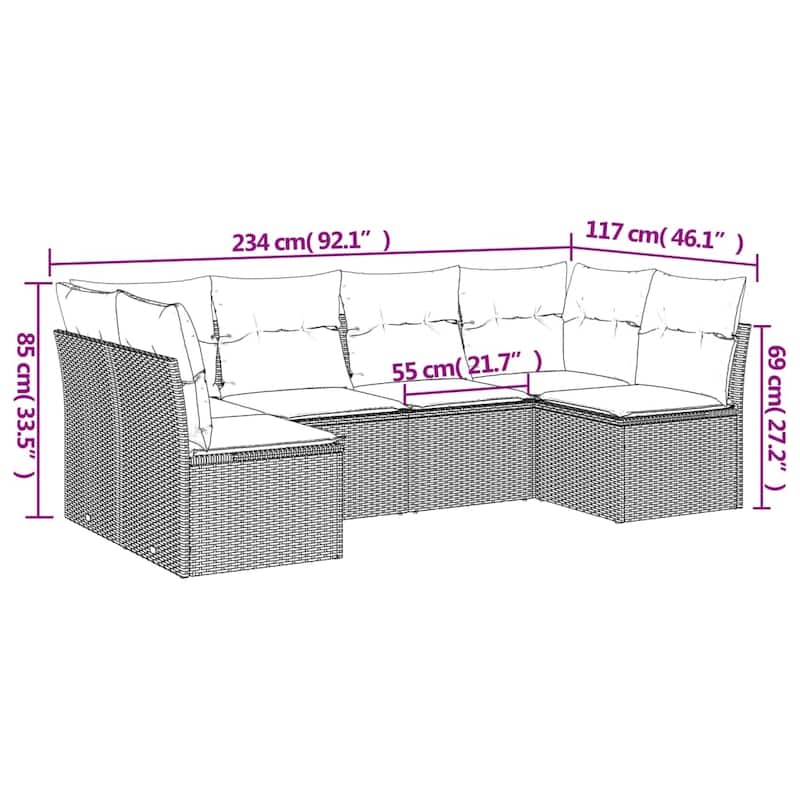 vidaXL 6/7 Piece Patio Sofa Set with Cushions Black/Brown/Gray Poly Rattan - 24.4 x 24.4 x 27.2