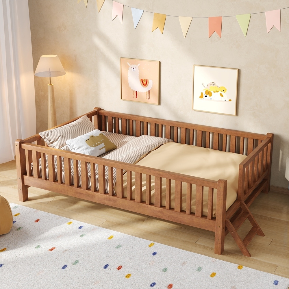 Wood Twin Size Platform Bed with Guardrail